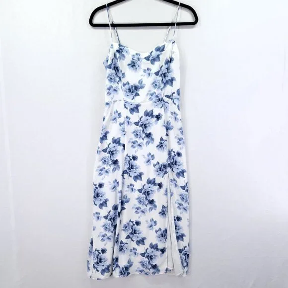 Abercrombie & Fitch Dress Size Small Blue Floral Corset Seamed Midi Slit - Picture 2 of 14
